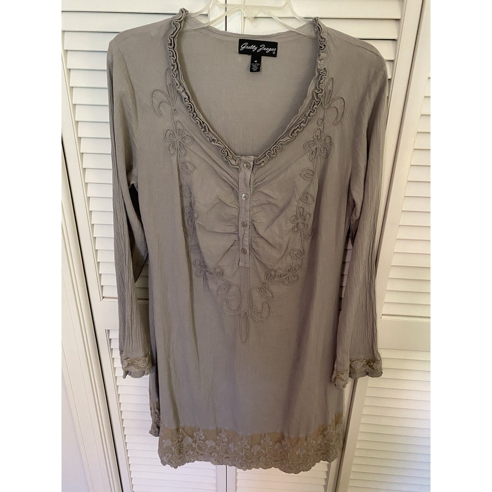 Gretty Zueger Tunic/Dress M Medium Grey Taupe Boho Chic Embroidered 100% Cotton
